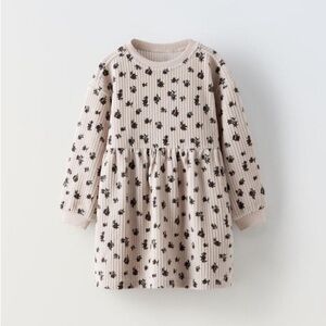 Zara Cream Ribbed Knit Dress with Black Floral Print